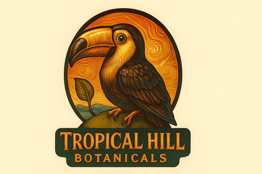 Tropical Hill Botanicals logo: Toucan on a hill at sunset with the ocean and a kratom leaf on a cream background.