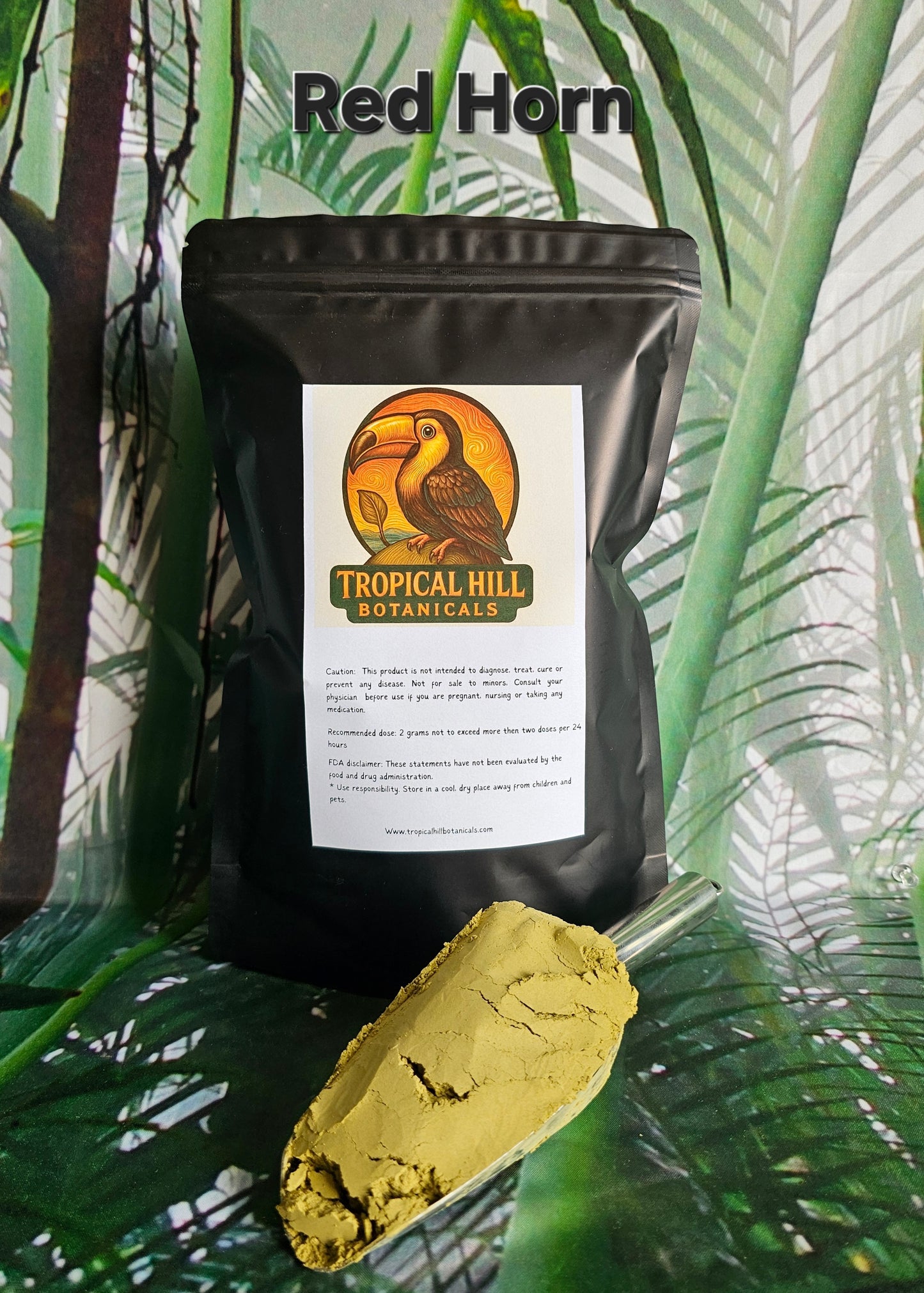 Tropical Hill Botanicals product packaging with a spoonful of yellow powder against a leafy green background.