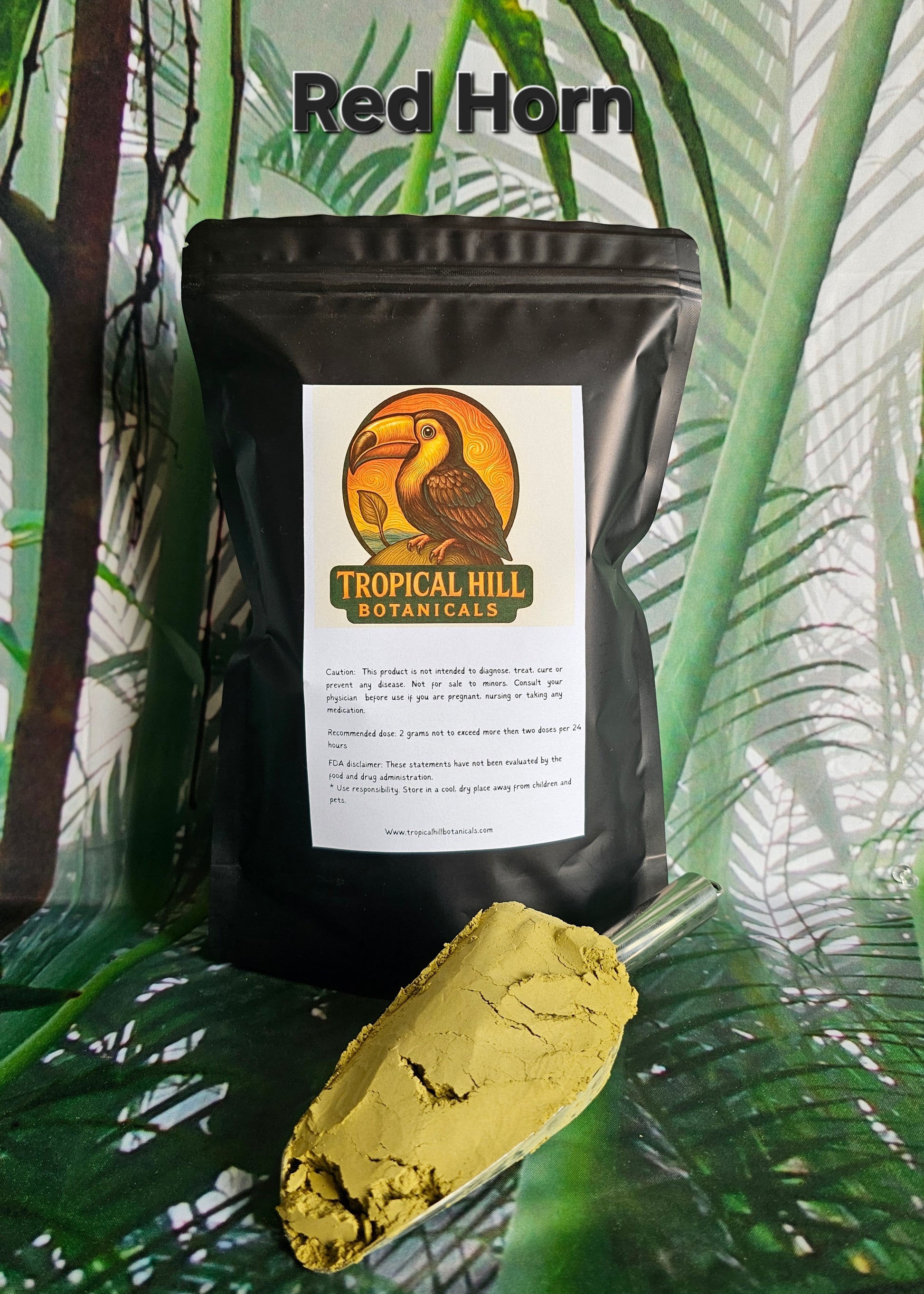 Tropical Hill Botanicals product packaging with a spoonful of yellow powder against a leafy green background.