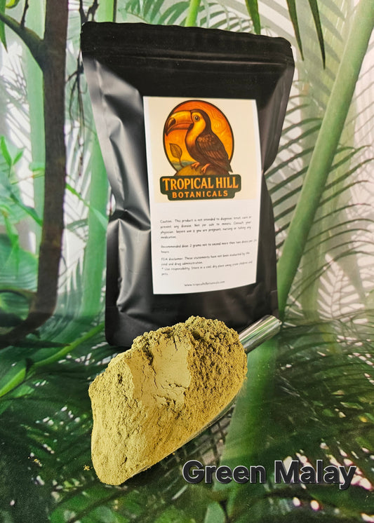 Tropical Hill Botanicals Green Malay product with packaging on a green leafy background