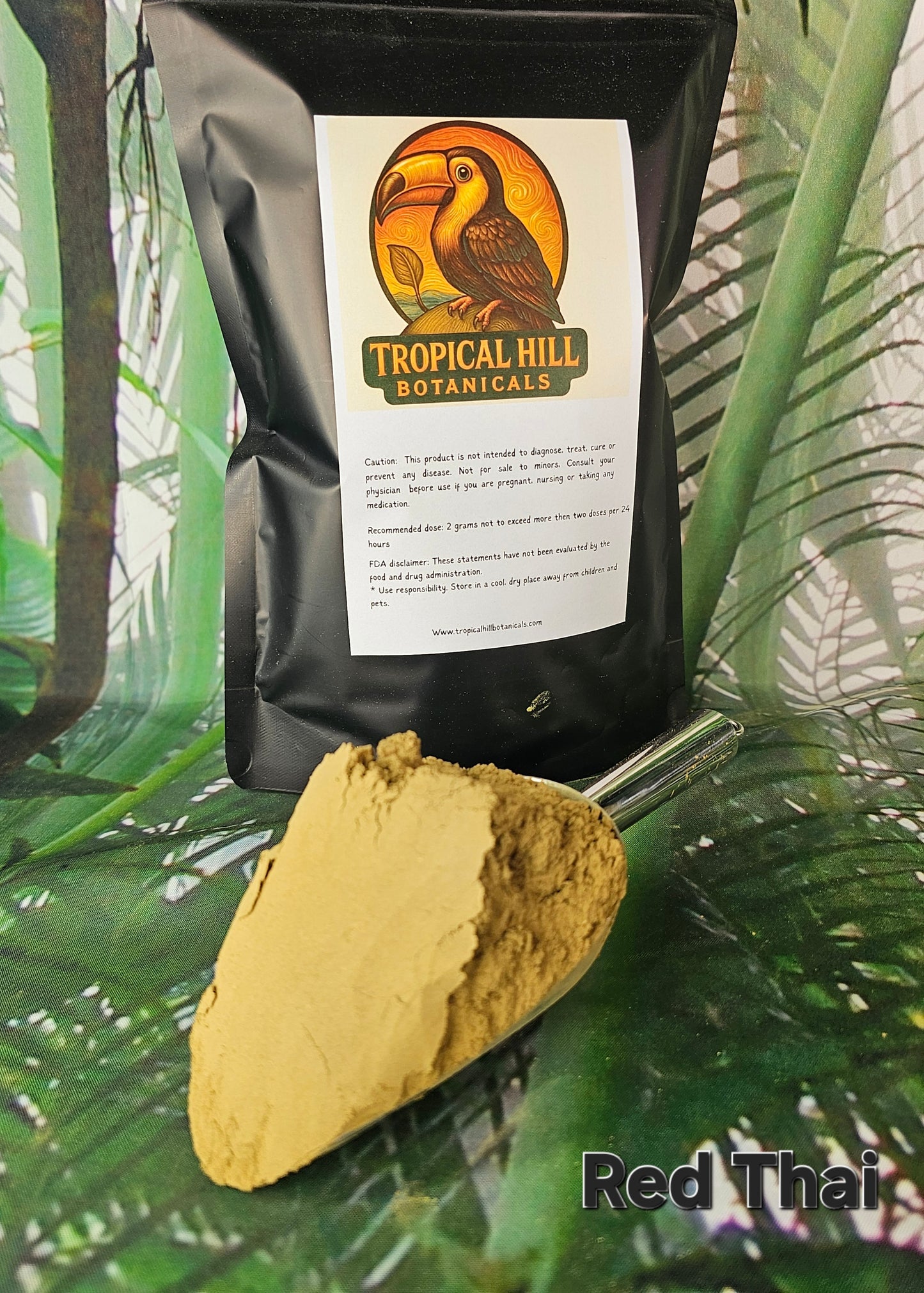 Tropical Hill Botanicals package with a scoop of Red Thai kratom on a leafy green background.