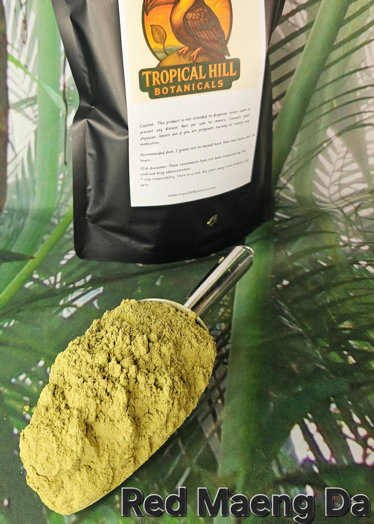 Tropical Hill Botanicals Red Maeng Da product with green leafy background